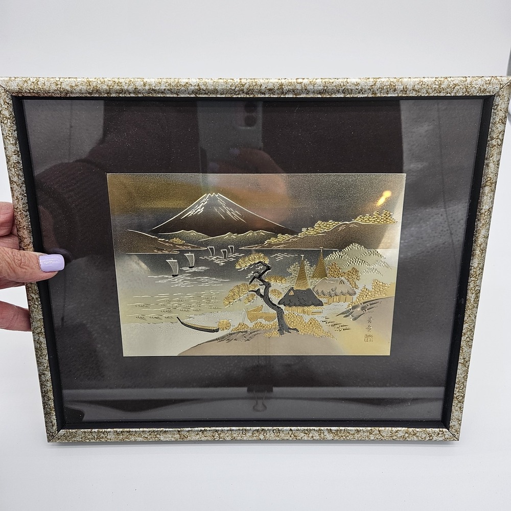 Vintage Japanese Mixed Metal Engraved Signed Artwork Of Mt. Fuji Chokin 1979
